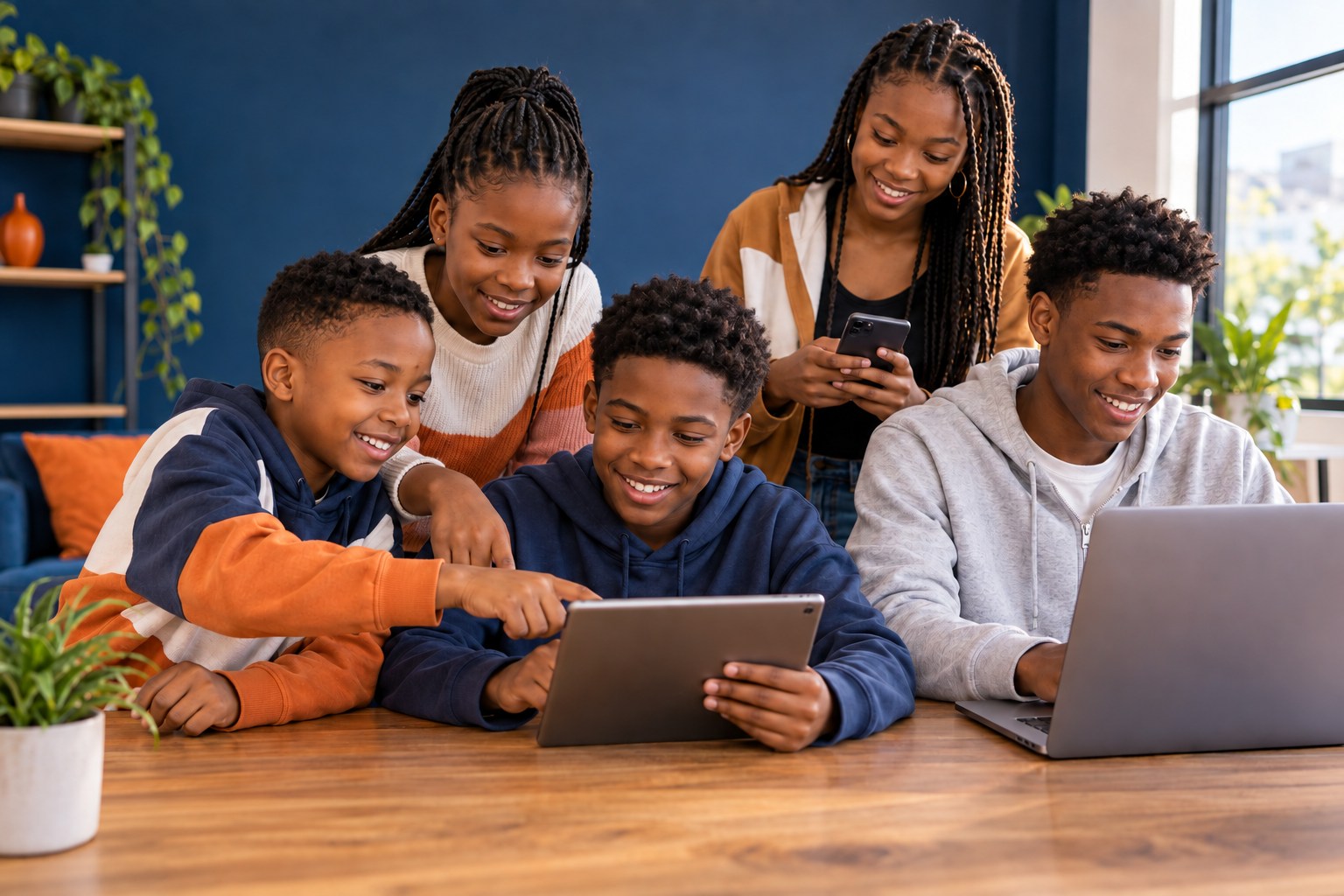 Boys and girls of different ages learning together with a tablet, phone and laptop.
