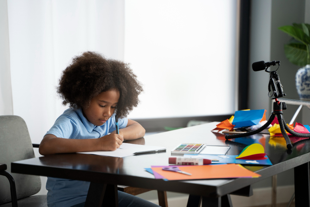 A young child writing at a table in soft, warm window light